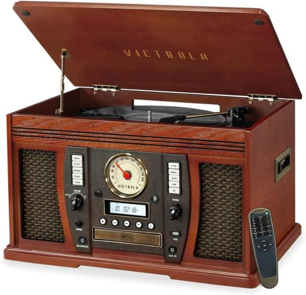 Victrola Aviator 8-in-1 Bluetooth Record Player & Multimedia Center with Built-in Stereo Speakers - 3-Speed Turntable, Vinyl to MP3 Recording, Wireless Music Streaming, Mahogany