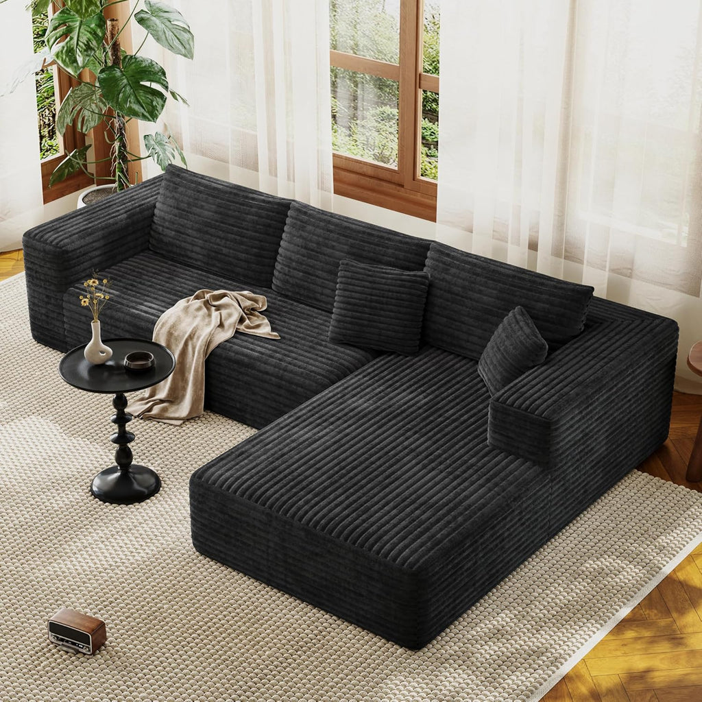107" Modular Sectional Couches for Living Room, Comfy L-Shaped Boneless Cloud Couch with Chaise, Modern Deep Seat Corduroy Floor Sofa, No Assembly Required (Right Facing Chaise, Black)