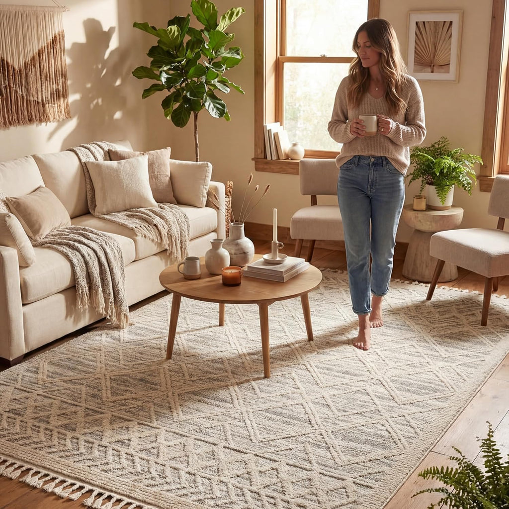 nuLOOM 9x12 Ansley Moroccan Tassel Area Rug, Light Grey, High-Low Textured Bohemian Design, Plush High Pile, Stain Resistant, For Bedroom, Living Room, Hallway, Entryway