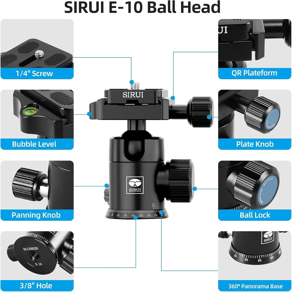 SIRUI Traveler 7C Camera Tripod 65.55 inches Carbon Fiber Arca Tripod with E-10 360° Panorama Ball Head and Arca Swiss Quick Release Plate Load Capacity Up to 17.6lbs, Convertible to Monopod