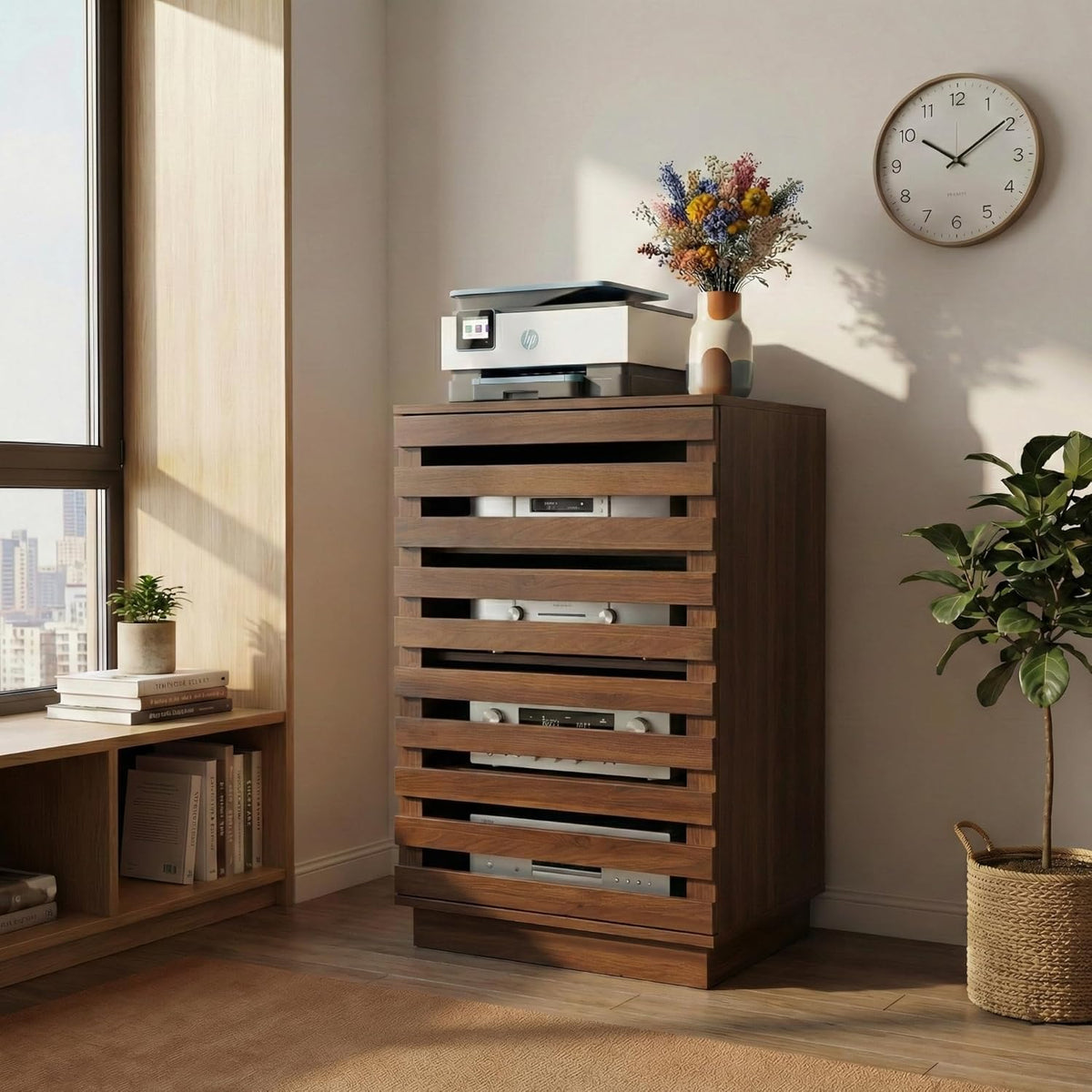 holzart Modern Slatted Audio Component Cabinet, 4-Tier Stereo Equipment Rack Media Stand with Ventilated Door & Cable Management, Rustic Brown 35.4" Tall
