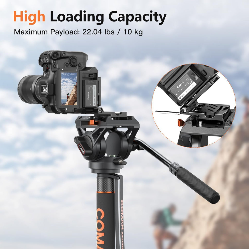 Monopod for Camera, COMAN Camera Monopod with Feet Q6 Fluid Head with Tripod Stand 71.25 inch Max Load 22 Lbs for Photography, Cameras, Canon, Nikon, Sony, DSLR, Video Camcorder