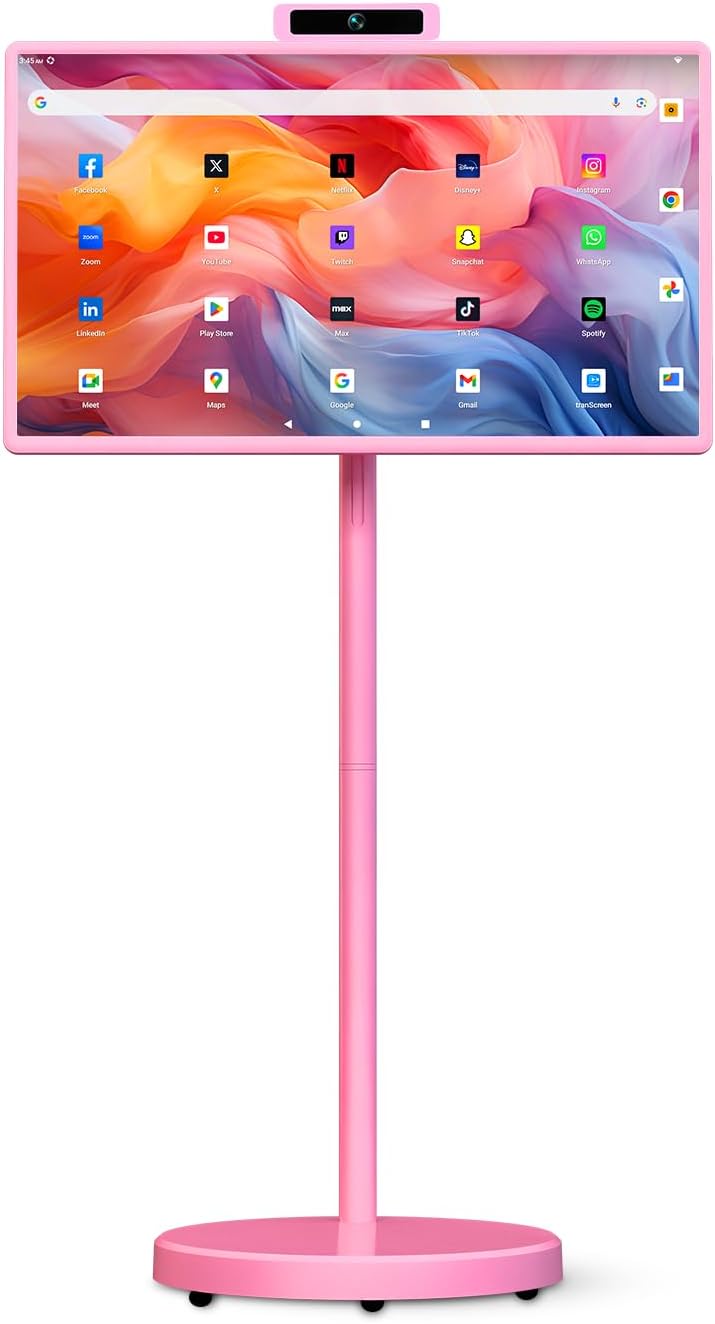 32" Portable Smart TV with Android 15, 1080P Touch Screen Monitor on Wheels, EDLA-Certified, 8GB+128GB Storage, 5MP Camera, 10H Playing Time, Rotatable Display, Wireless Casting, Voice Remote Control