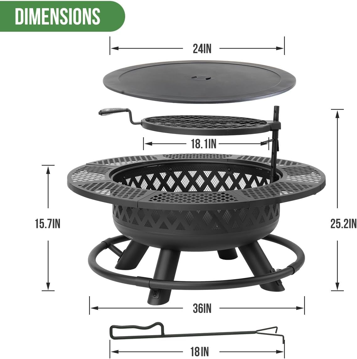 Panovue 36 Inch Fire Pit with Grill,Wood Burning Fire Pits for Outside with Lid& Fire Poker,Round Metal Firepit Table 3 in 1 with Cooking Grate,Outdoor Firepits for Yard Patio Bonfire Camping(Black)