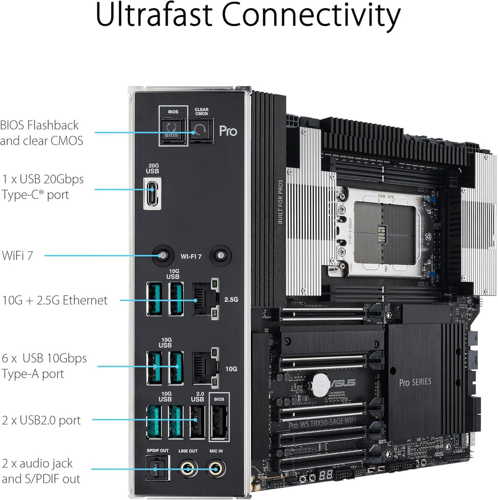 ASUS Pro WS TRX50-SAGE WIFI CEB Workstation motherboard, AMD Ryzen Threadripper PRO 7000 WX,ECC R-DIMM DDR5, 36 power-stage, WiFi 7,PCIe 5.0 x 16,PCIe 5.0 M.2, 10 Gb and 2.5 Gb LAN, multi-GPU support.
