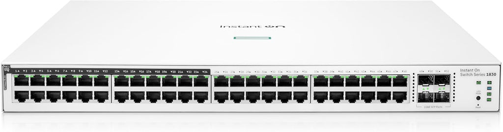 HPE Networking Instant On Switch Series 1830 48-Port Gb Smart-Managed Layer 2 Ethernet Switch with PoE | 48x 1G | 4X SFP | 24x CL4 PoE (370W) | Fan-Less | US Cord (JL815A#ABA)
