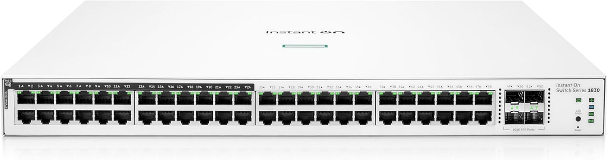 HPE Networking Instant On Switch Series 1830 48-Port Gb Smart-Managed Layer 2 Ethernet Switch with PoE | 48x 1G | 4X SFP | 24x CL4 PoE (370W) | Fan-Less | US Cord (JL815A#ABA)