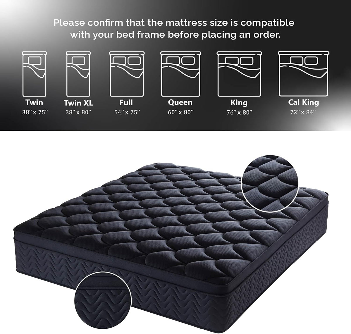 Premium 12 Inch King Mattress - Black Diamond Quilted, Individual Pocket Spring & Memory Foam Top, Cooling & Pressure Relief, Bed in a Box