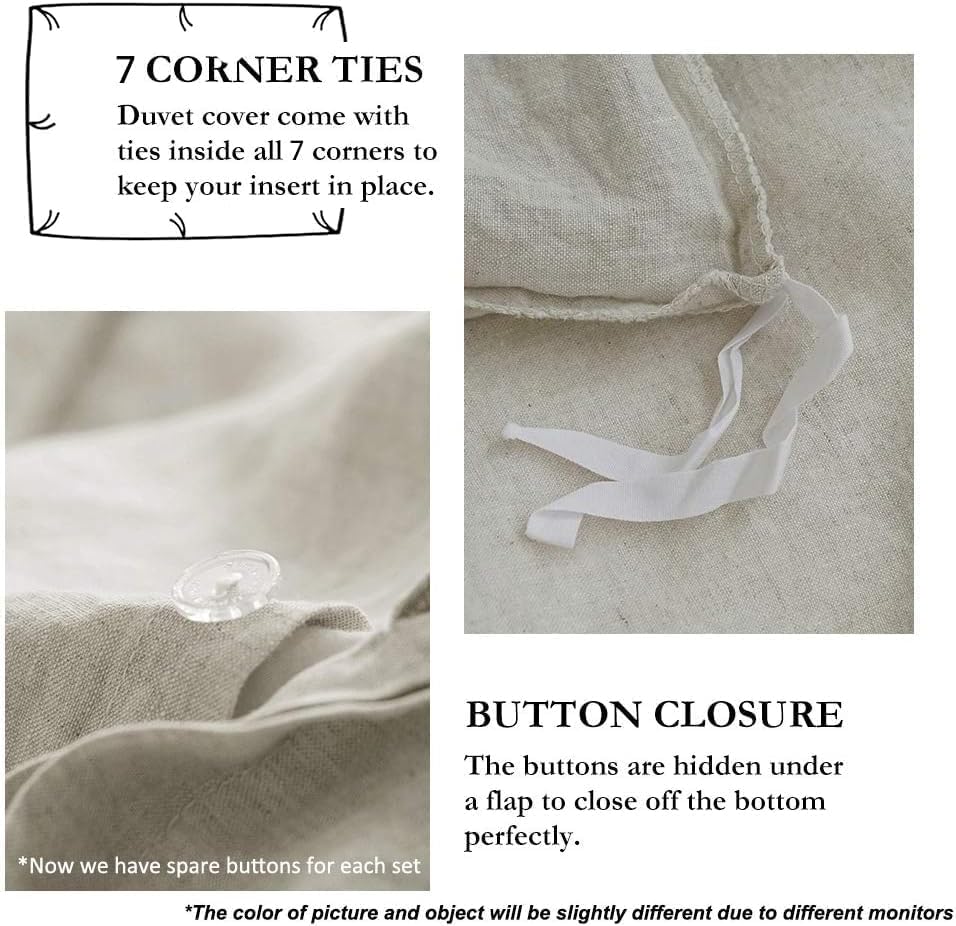 Simple&Opulence 100% French Flax Linen Duvet Cover Set with Embroidery Washed - 3 Pieces (1 Duvet Cover with 2 Pillow Shams) with Button Closure Soft Breathable Farmhouse - Linen, King Size
