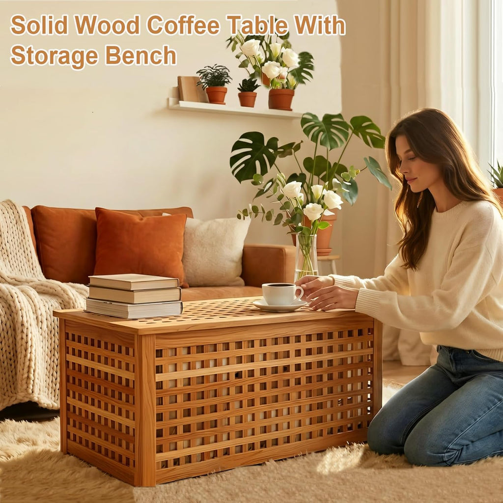 Solid Wood Entryway Bench with Storage, Large storage chest with Removable Bag, Wood Coffee Table for Living-room, Bedroom, Patio, DIY Bunny House, 39x20x20in