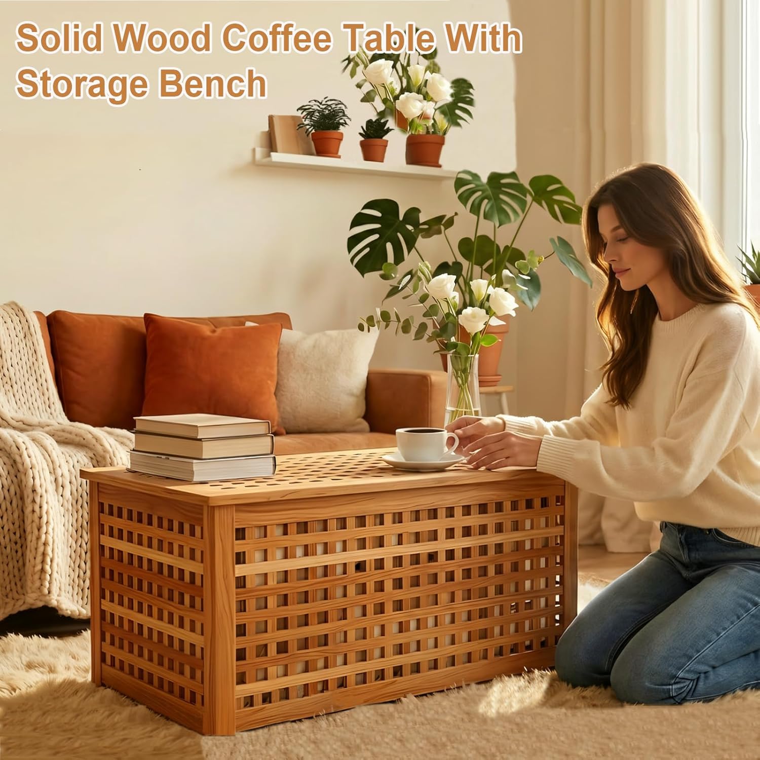 Solid Wood Entryway Bench with Storage, Large storage chest with Removable Bag, Wood Coffee Table for Living-room, Bedroom, Patio, DIY Bunny House, 39x20x20in