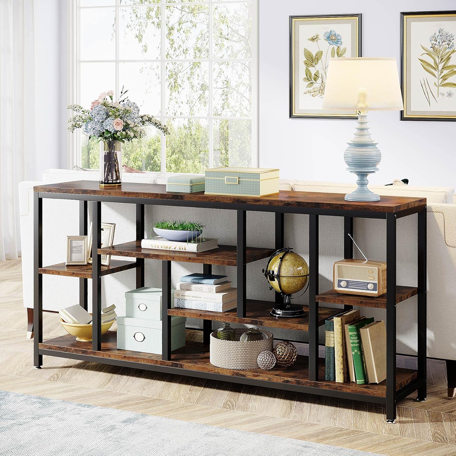 Tribesigns Console Sofa Table, 70.9 inch Extra Long Table Behind Couch with Storage Shelves, 3-Tier Industrial Narrow Entryway Hallway Accent Table for Living Room, Rustic Brown