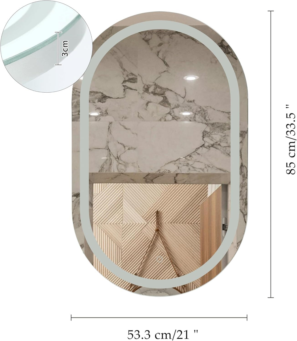 Oval LED Mirror Medicine Cabinet, Wall Mounted Bathroom Storage Cabinet with Tempered Glass Shelves, Metal Frame, Touch Control, 3 Color Temperature Dimmable Lighting, 33.5 x 21 Inch (Black)