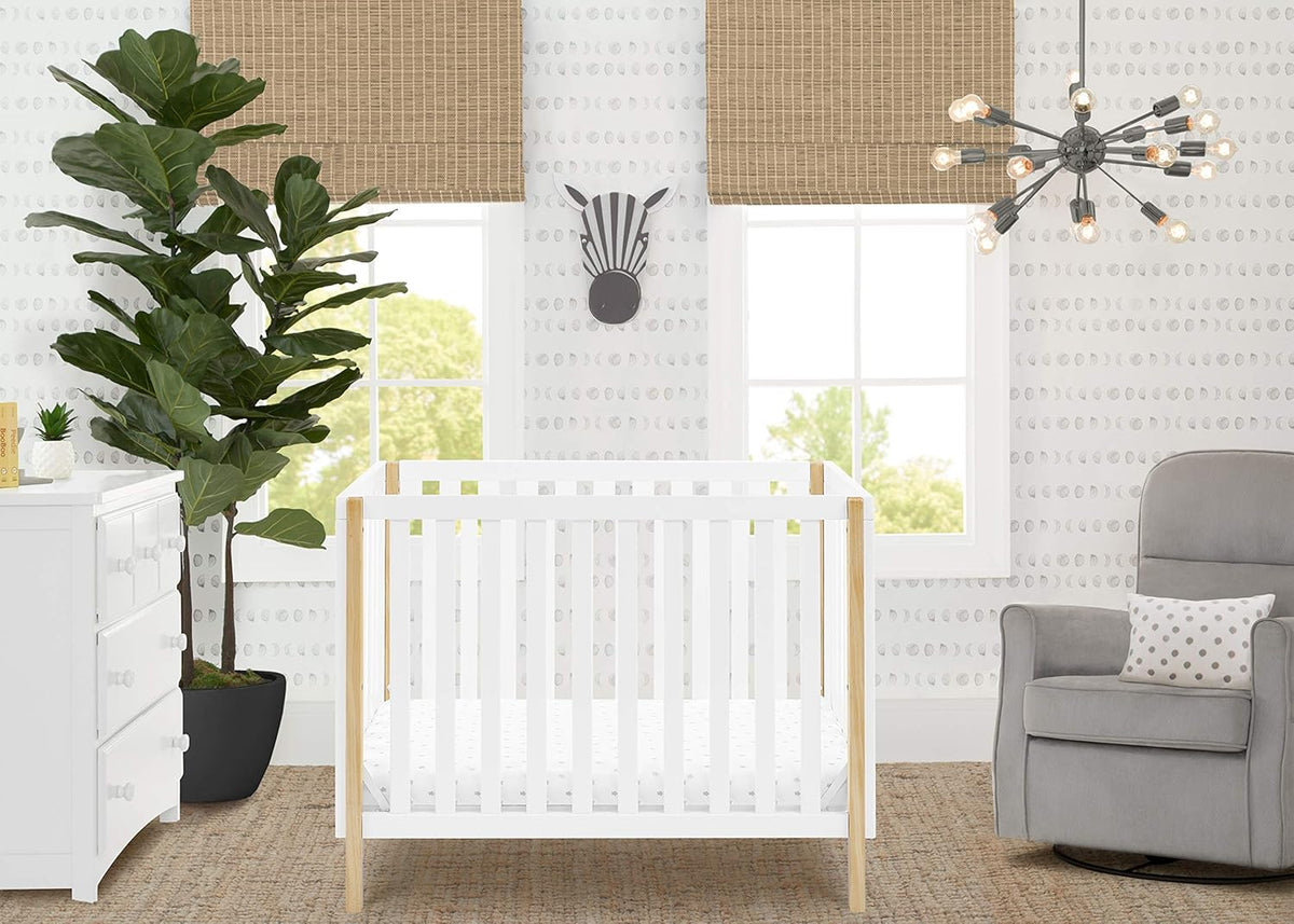 Delta Children Gio Mini Crib with 2.75" Mattress Included, Bianca White/Natural