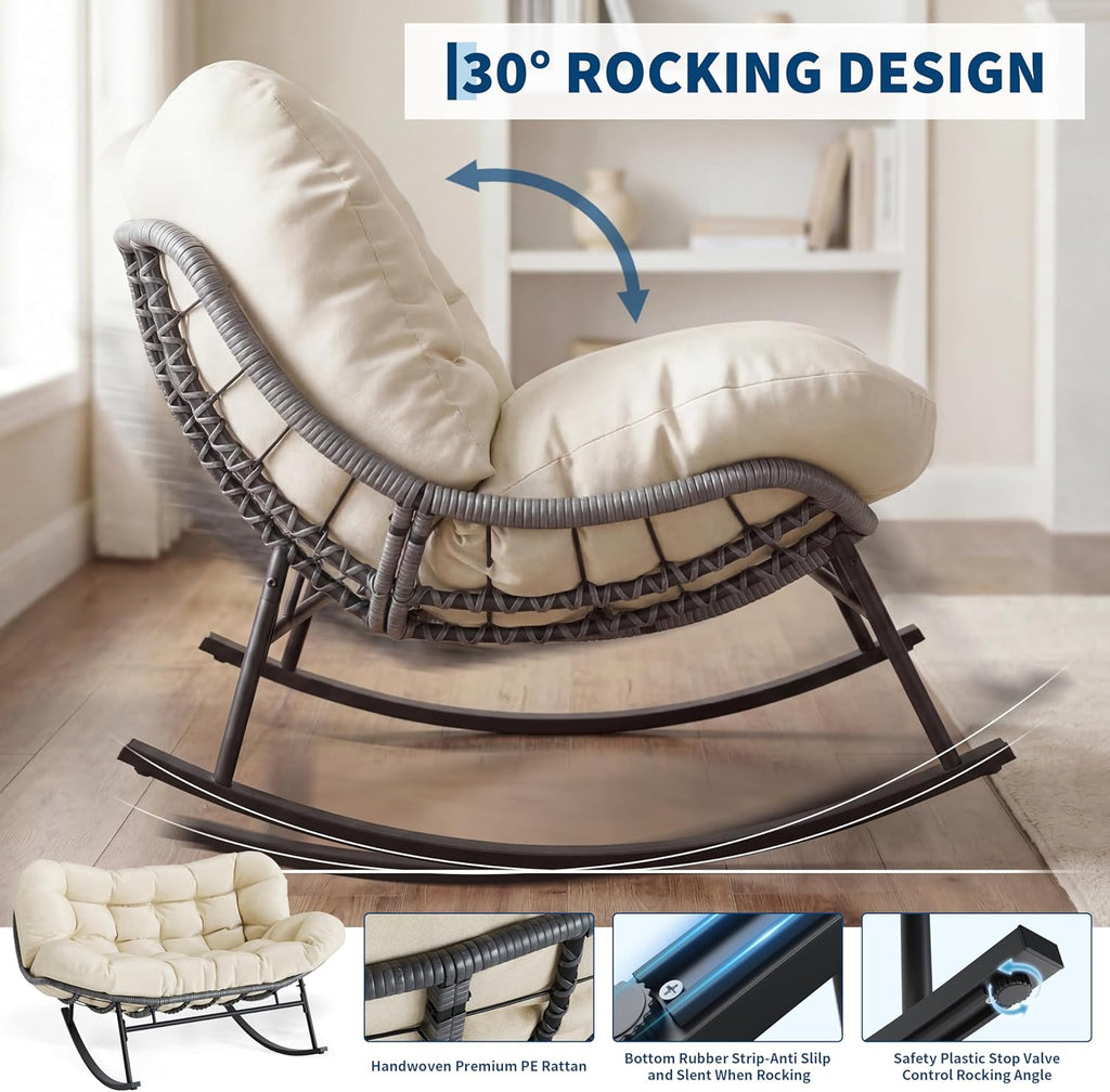 Patio Rocking Chair Set with Ottoman ,Indoor Outdoor Padded Rocking Chair for 2 Person,Oversized Papasan Chairs,Double Wicker Egg Rockers, Lounge Chair for Patio, Living Room, Bedroom, or Porch,Beige