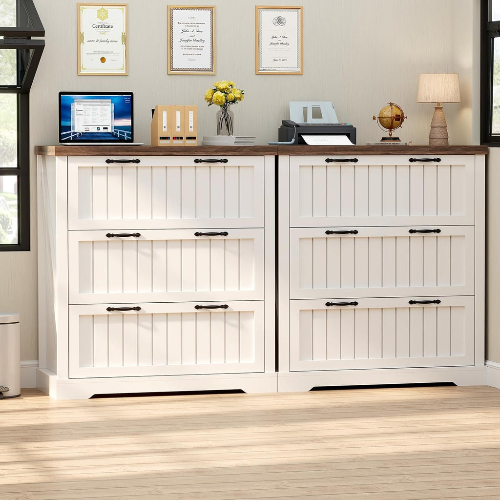 SEDETA 3 Drawer File Cabinet, Farmhouse Filing Cabinet for Home Office, Wood Office File Cabinets for Letter/Legal/A4 Size, Lateral File Cabinets with Printer Stand, White + Brown