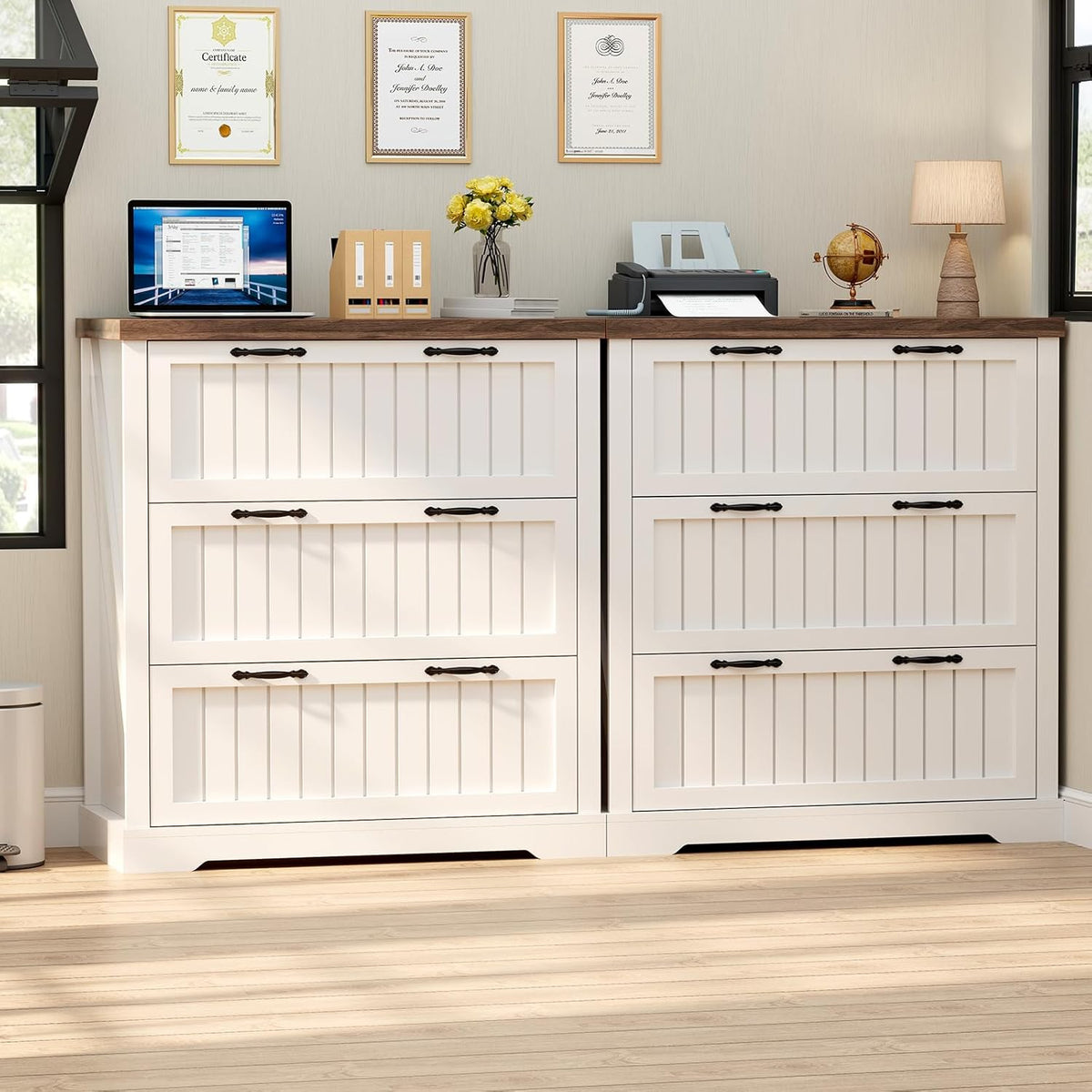 SEDETA 3 Drawer File Cabinet, Farmhouse Filing Cabinet for Home Office, Wood Office File Cabinets for Letter/Legal/A4 Size, Lateral File Cabinets with Printer Stand, White + Brown