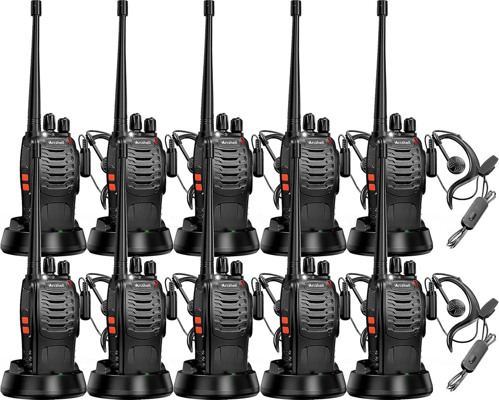 Rechargeable Long Range Two-Way Radios with Earpiece 10 Pack Arcshell AR-5 Walkie Talkies Li-ion Battery and Charger Included (10 Pack)