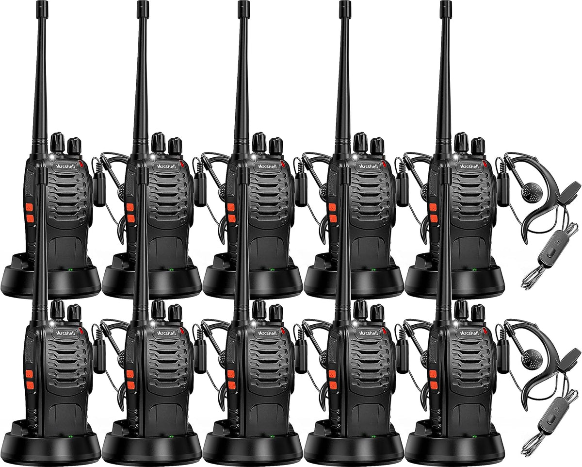 Rechargeable Long Range Two-Way Radios with Earpiece 10 Pack Arcshell AR-5 Walkie Talkies Li-ion Battery and Charger Included (10 Pack)