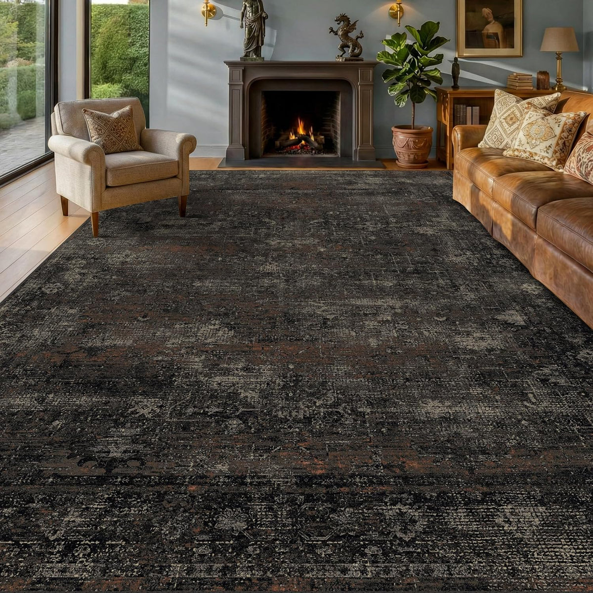 TALANOVA Black Farmhouse Washable 8x10 Area Rugs for Living Room, Dark Charcoal Volcanic Textured Large Rug for Bedroom, Non-Slip Stain Resistant for Dining Room Office Décor