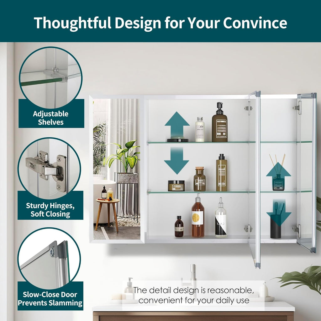 Movo Double Doors Medicine Cabinet with Mirror, 36 inch X 26 inch Aluminum Bathroom Medicine Cabinet, Adjustable Glass Shelves, Waterproof and Rust-Resist, Recess or Surface Mount Installation,Silver