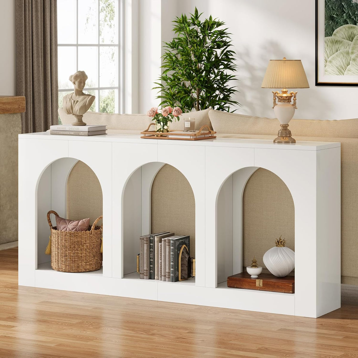 Tribesigns 70.9" White Console Table with Storage, Wood Entryway Entry Table with 3 Arched Shelves for Foyer, Hallway, Living Room, Behind Couch Sofa, Narrow Long