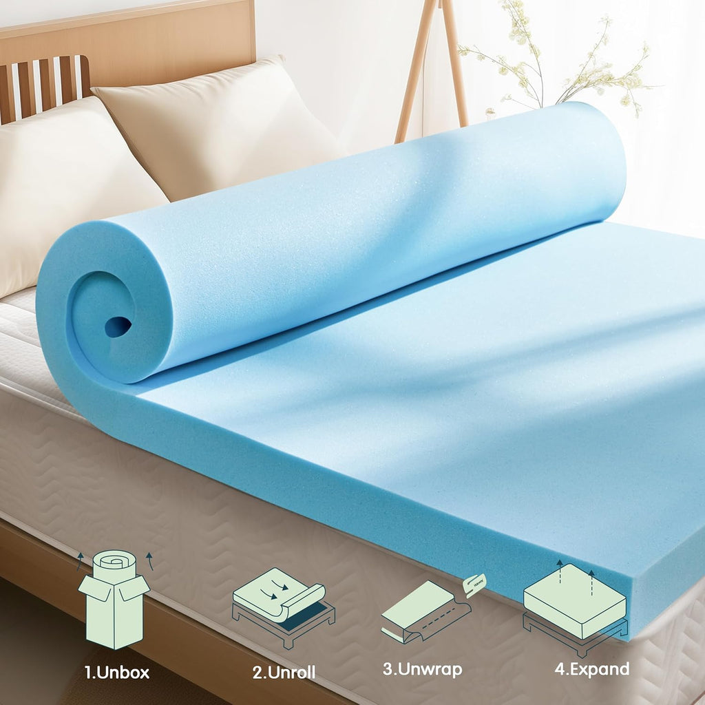 CHUN YI Memory Foam Mattress Topper, Cooling Gel Infused Bed Topper for Pressure Relief, CertiPUR-US Certified Memory Foam Mattress Pad(4", Queen)