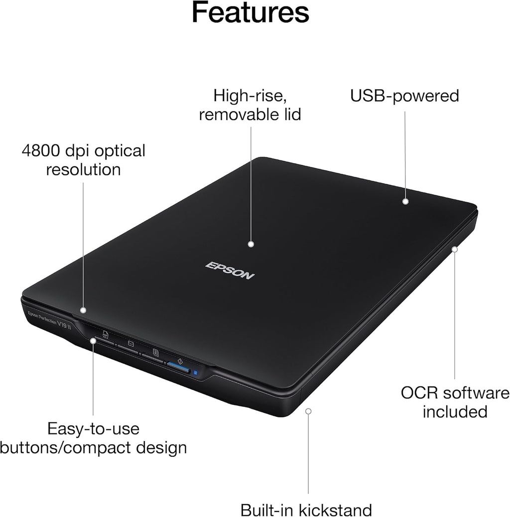 Epson Perfection V19 II Color Photo, Tax Receipt & Document Flatbed Scanner with 4800 dpi Optical Resolution USB Power, High-Rise, Removable Lid