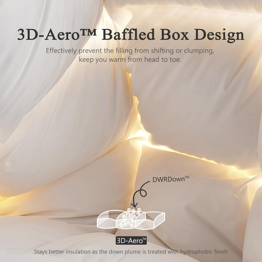 DWR Luxury Feather Down Fiber Comforter King Size, Ultra-Soft Egyptian Cotton-Blend Fabric, High FP Medium Weight for All Season Hotel Style Fluffy Duvet Insert with Ties (106"x90", White)