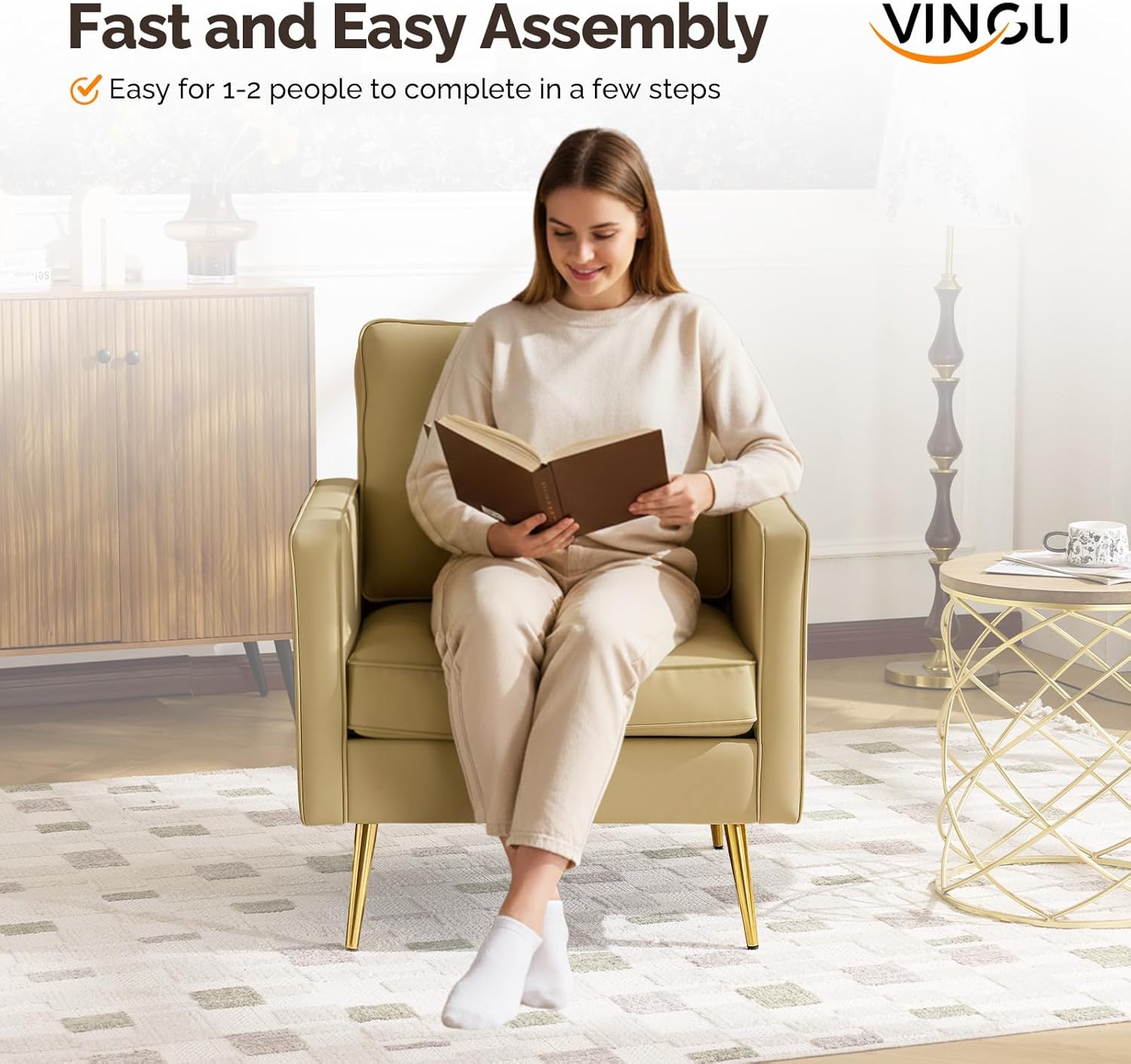 VINGLI Modern PU Leather Accent Chairs Set of 2, Single Sofa Chair with Pocket Coil Seat, Metal Backrest & Solid Wood Frame, Upholstered Armchair for Living Room, Bedroom or Office