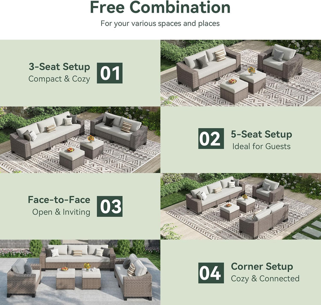 8 Piece Patio Furniture Set, Wicker Patio Conversation Set with 5.9" Wide Armrest, Waterproof Cushions & Ottomans with Modular Outdoor Couch for Backyard, Deck, Garden