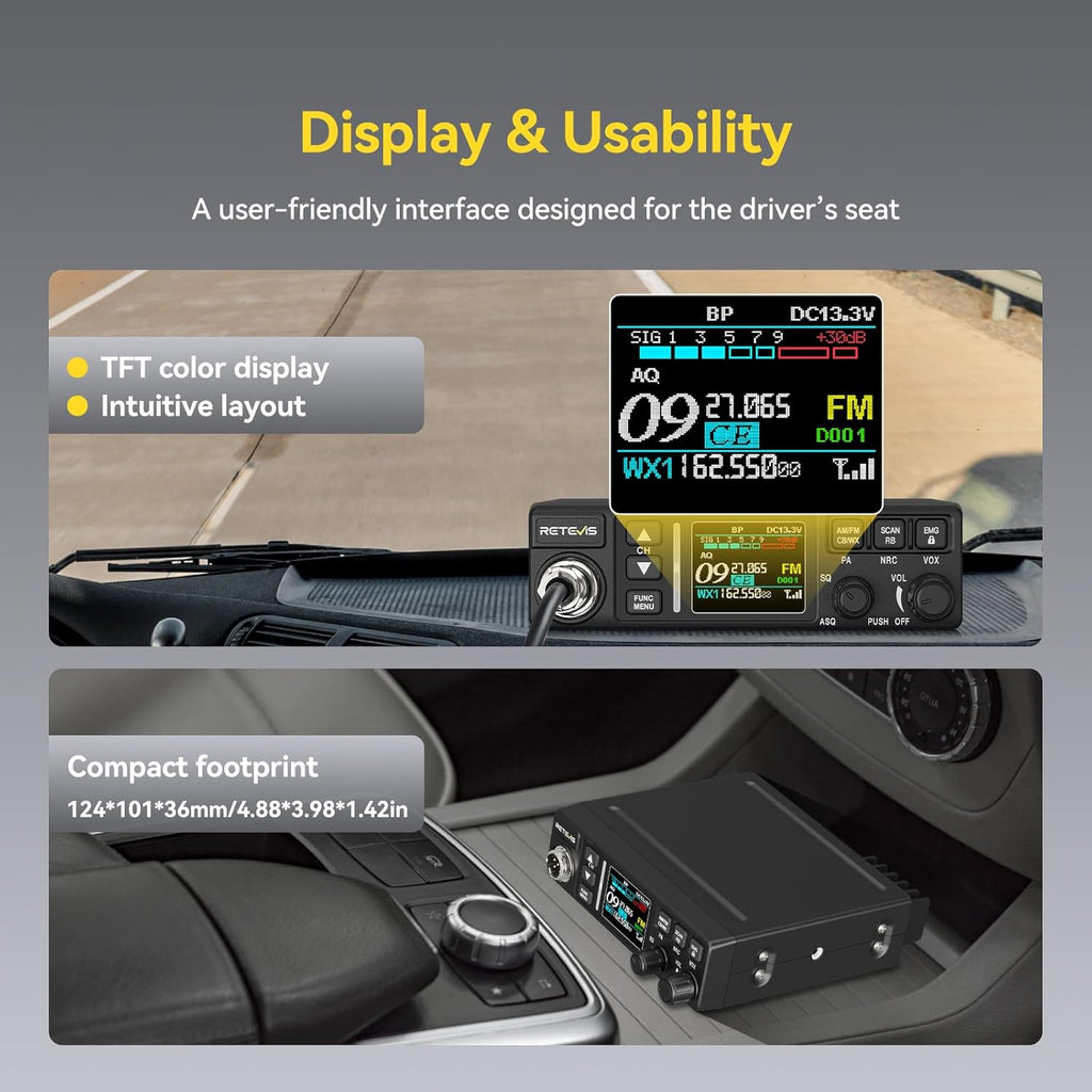 Retevis MB3B CB Radio with Antenna, WX Channel, Adjustable 5-Color LCD, SWR Warning, AM/FM CB Radio for Truck (MB3B-With Antenna)