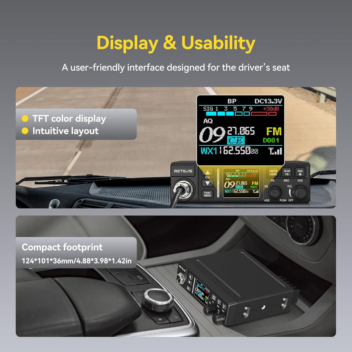 Retevis MB3B CB Radio with Antenna, WX Channel, Adjustable 5-Color LCD, SWR Warning, AM/FM CB Radio for Truck (MB3B-With Antenna)