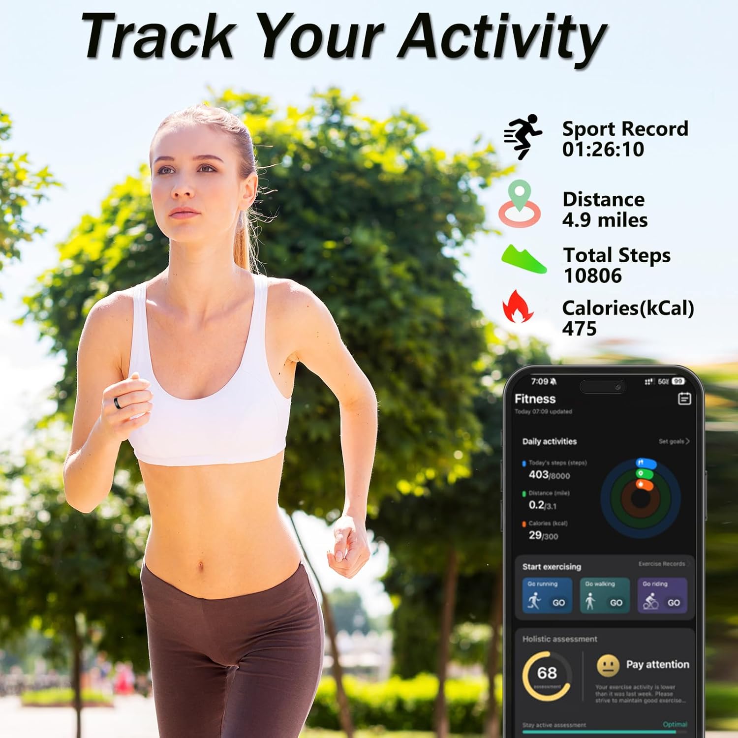 Smart Ring for Men/Women – Vibration Alerts, Ceramic & 316L Steel Sleep/Heart/SpO2/Activity Tracker, No Subscription, IP68 Waterproof, Touch Control, iOS/Android(Black, 8)