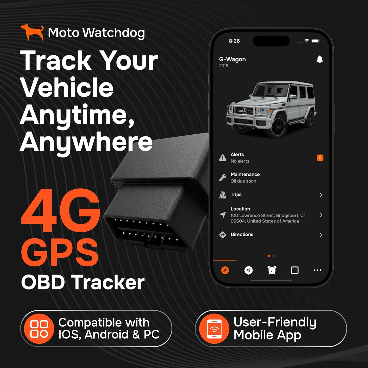 GPS Tracker for Vehicles, No Subscription with Real-Time Location, Mileage Tracking, Speeding Monitoring, Route History, Geofence, OBD, for Fleets & Families, USA, Any Vehicle 1998+, Moto Watchdog