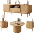 MAISONARIA Living Room Table Sets of 4, Sliding Doors End Table & TV Stand, Wood Coffee Table with Storage, Fluted TV Stand for Bedroom, Living Room (Natural)