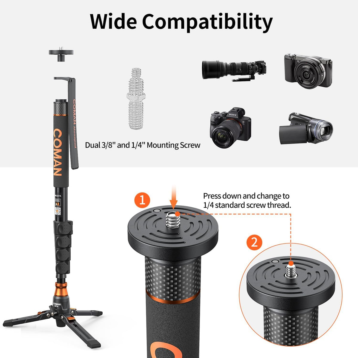 Monopod for Camera, COMAN Camera Monopod with Feet Q6 Fluid Head with Tripod Stand 71.25 inch Max Load 22 Lbs for Photography, Cameras, Canon, Nikon, Sony, DSLR, Video Camcorder