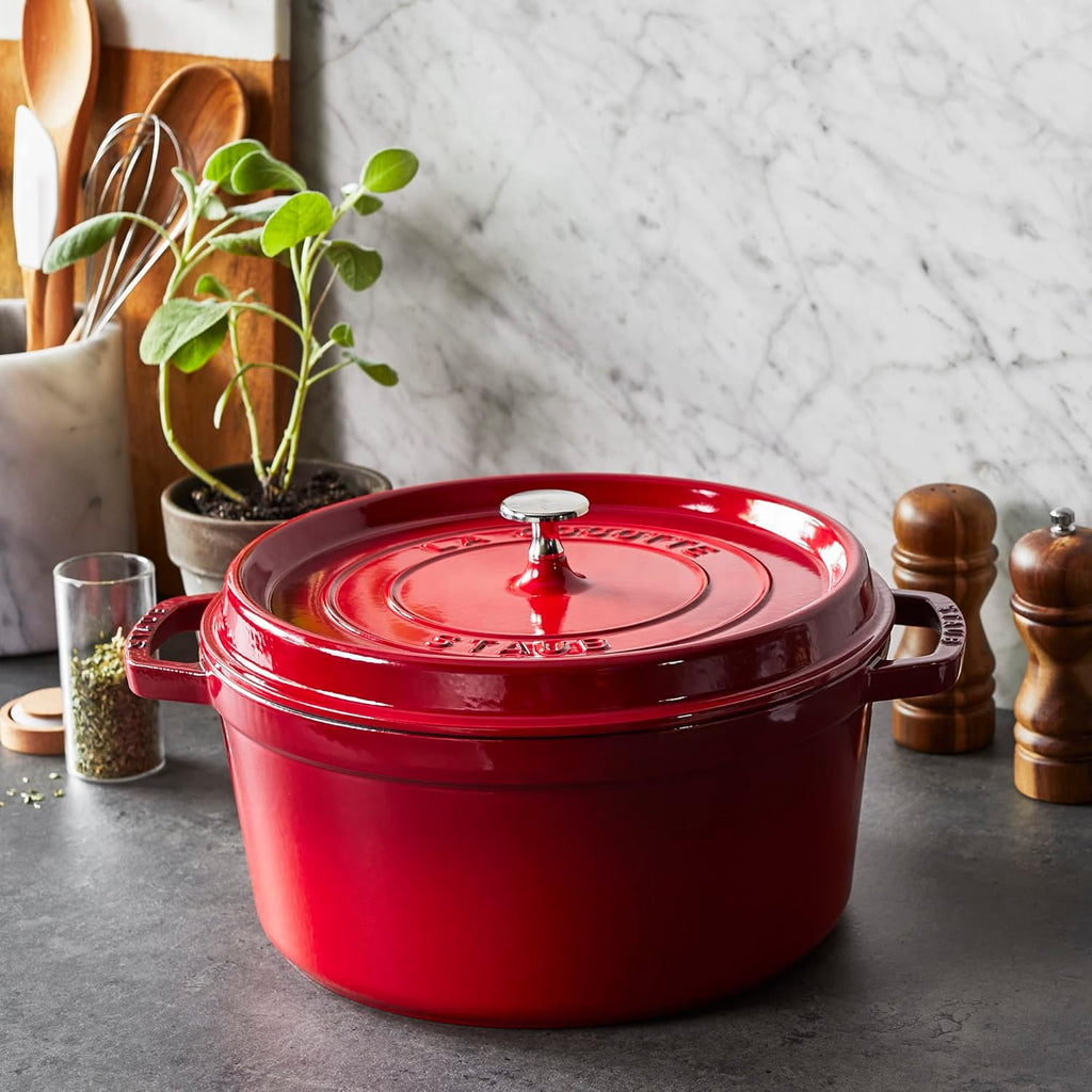 Staub Cast Iron Round Cocotte, Dutch Oven, 7-quart, serves 7-8, Made in France, Cherry