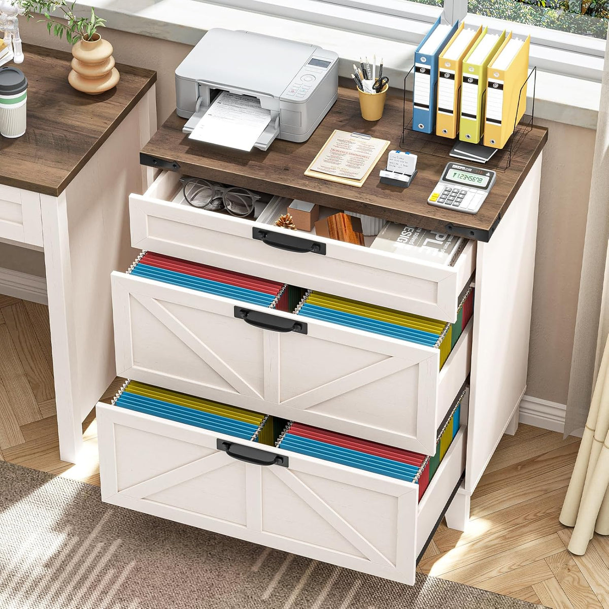 Vabches Lateral File Cabinet with 3 Drawers, Farmhouse File Cabinet for Legal/Letter/A4 Size Hanging Files, Large Wood Printer Stand Home Office, Rustic White