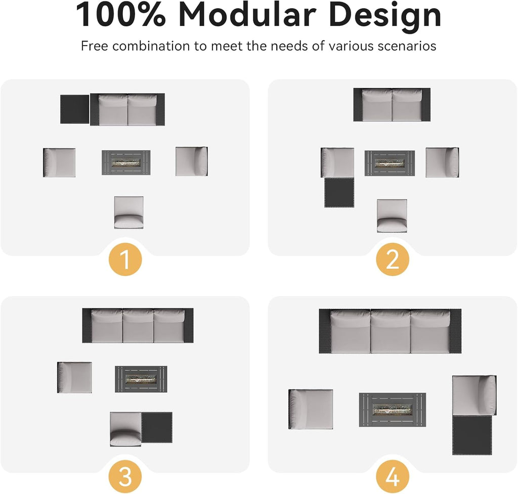 Aoxun Outdoor Patio Furniture Set with 44'' Fire Pit Table, 7 Pcs Outdoor Sectional with 4in Thicken Cushion, Widen Armrests Wicker for Backyard, Grey