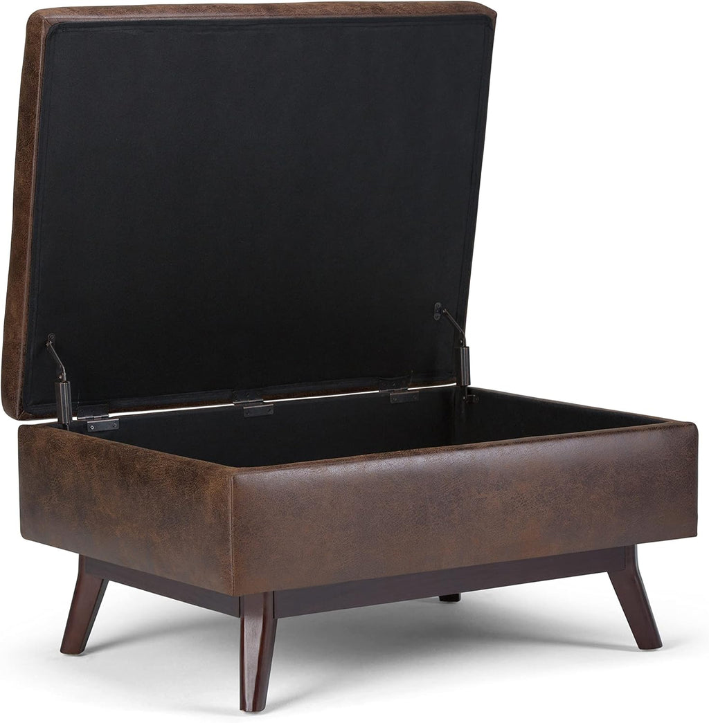 SIMPLIHOME Owen Coffee Table Storage Ottoman - 34" Wide x 19" High Upholstered Vegan Leather Rectangular Lift-Top Ottoman in Distressed Chestnut Brown, Mid-Century Modern Bench with Tapered Legs
