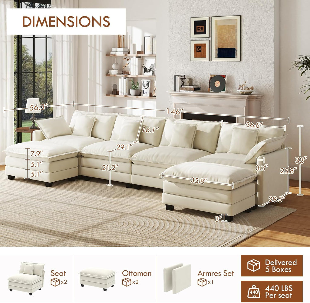 WorthFurni 146” Oversized Modular Sectional Sofa, U Shaped Cloud Couch Set, 4-Seater Comfy Chenille Couches with 2 Movable Ottomans, DIY Combination for Living Room （Beige）