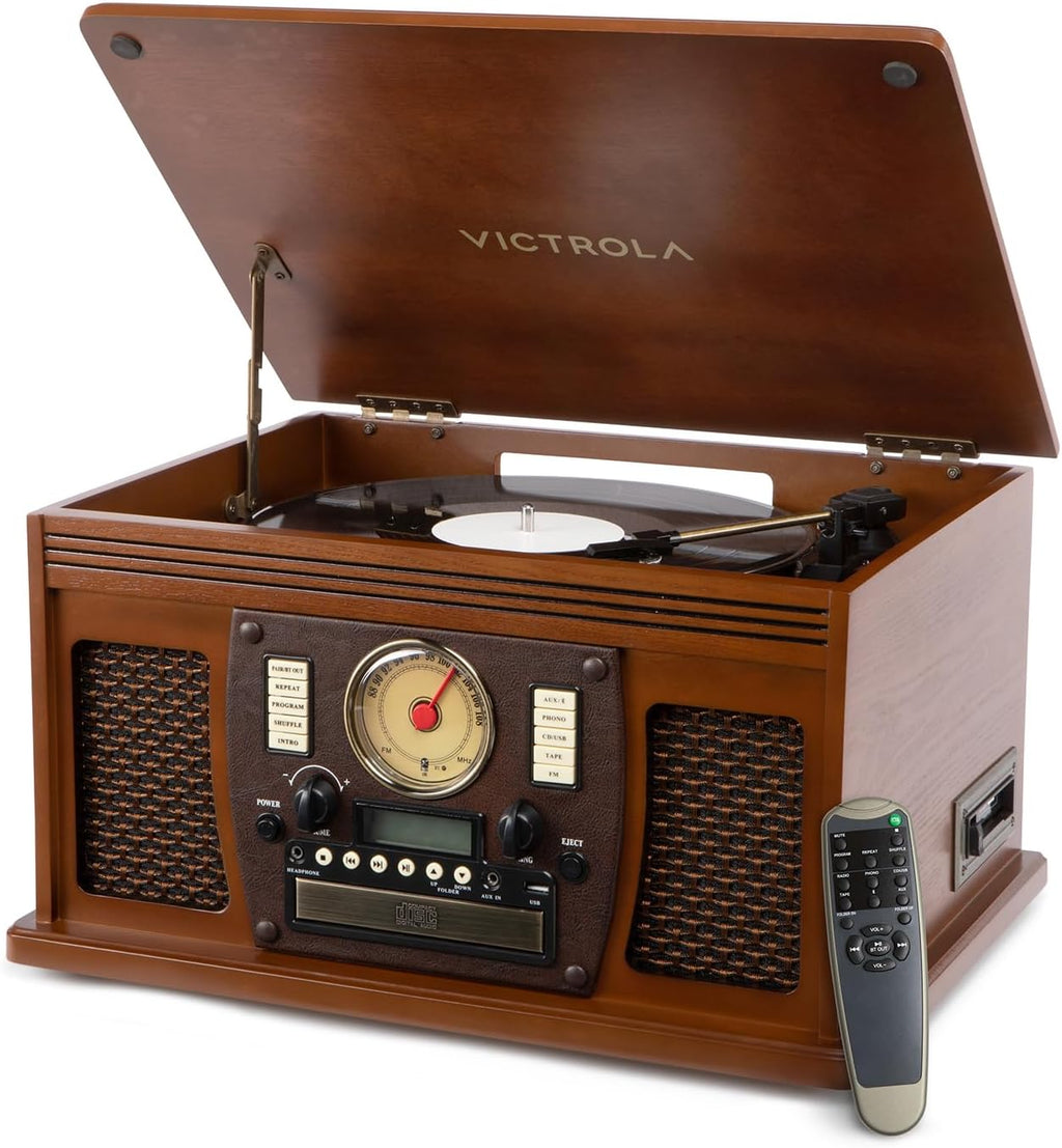 Victrola Navigator 8-in-1 Bluetooth Record Player with Built-in Speakers – 3 Speed, CD Player, Cassette, FM Radio, USB, RCA Out, Headphone Jack, Wireless Music Streaming, Real Wood (Walnut)