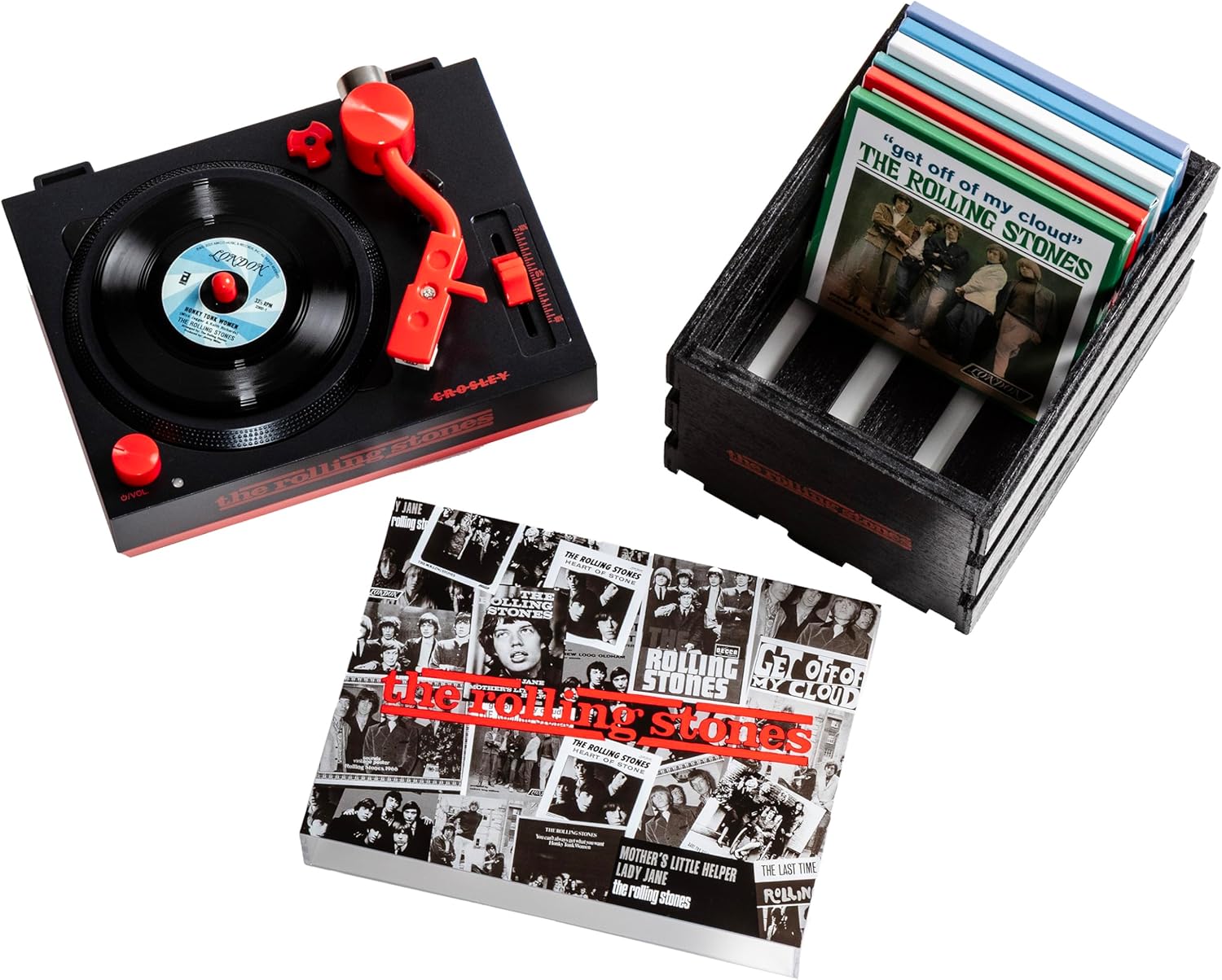 Crosley CR6037BT-RS Rolling Stones RSD3 Mini Turntable with Crate and Six 3-Inch Singles