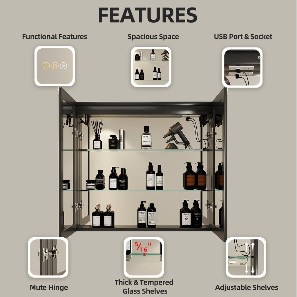 Buruis 36 x 32 Inch Medicine Cabinet with LED Lights and Mirror, Recessed/Wall Mounted Bathroom Cabinet, 3-Color Light, Defogger, Memory Function, Outlet & USB, Dimmer, Black