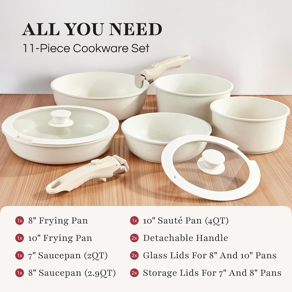 GOURMETIFIC® Pots and Pans Cookware Set 11 PIECES - Non Toxic Ceramic Coated Cooking Ware - Induction, Gas & Oven Kitchenware - Non Stick Pot & Pan with Removable Handles & Stackable (Cream)