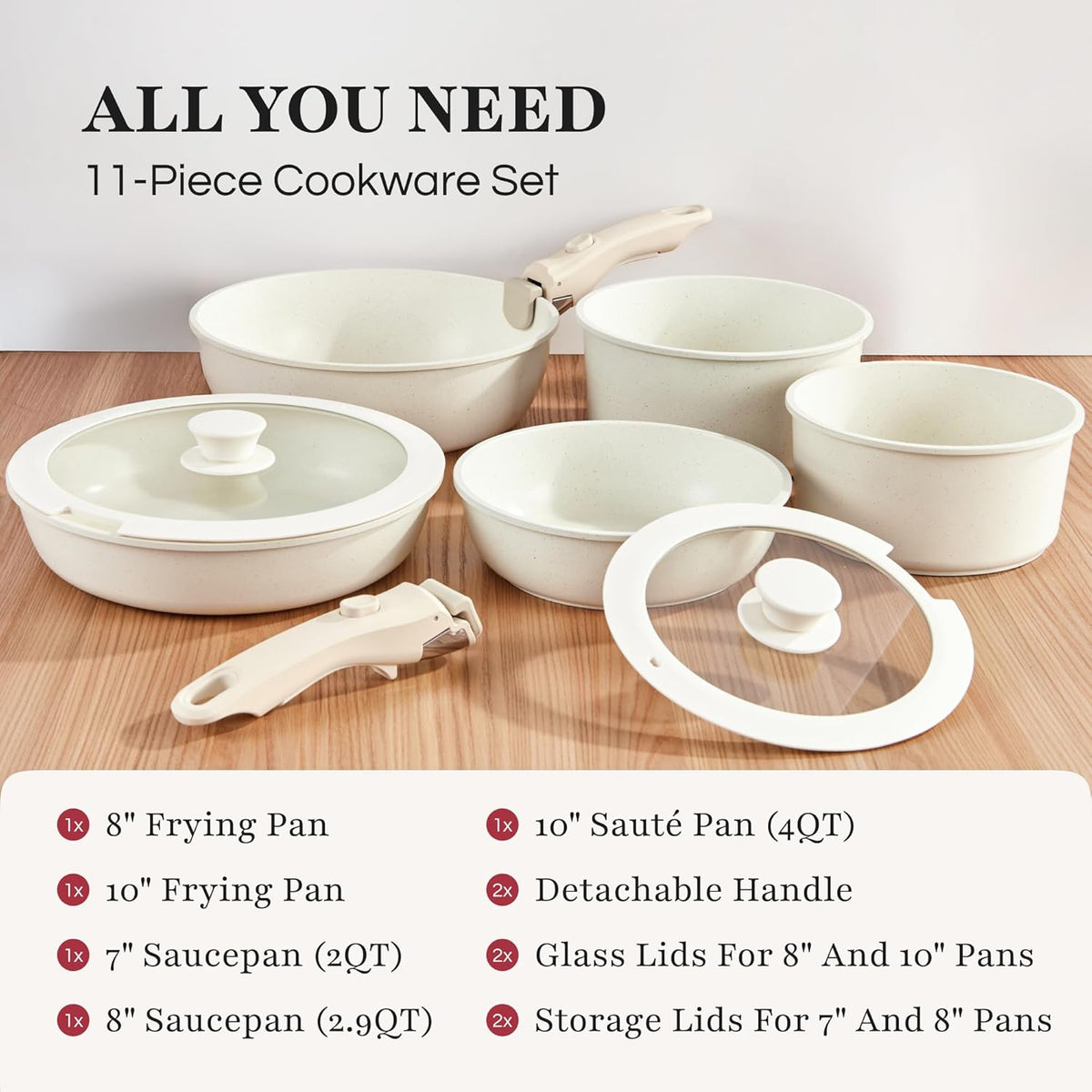 GOURMETIFIC® Pots and Pans Cookware Set 11 PIECES - Non Toxic Ceramic Coated Cooking Ware - Induction, Gas & Oven Kitchenware - Non Stick Pot & Pan with Removable Handles & Stackable (Cream)