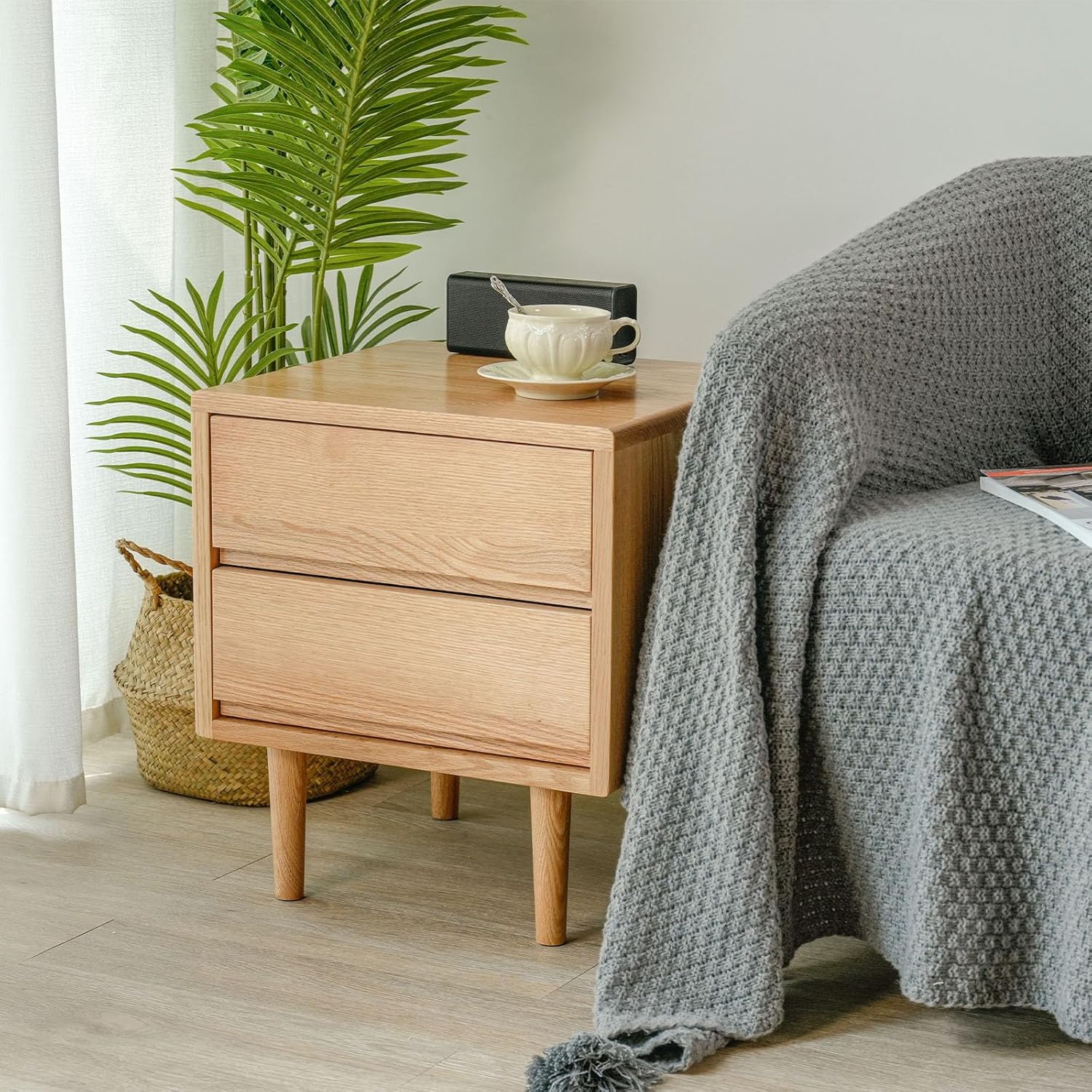 Night Stand, Mid Century Modern Nightstand w/2 Drawers, Boho Small Bedside Table, Oak Solid Wood, 17.72 W x 15.75 D x 19.69 H Inches (Natural, Double Drawer)