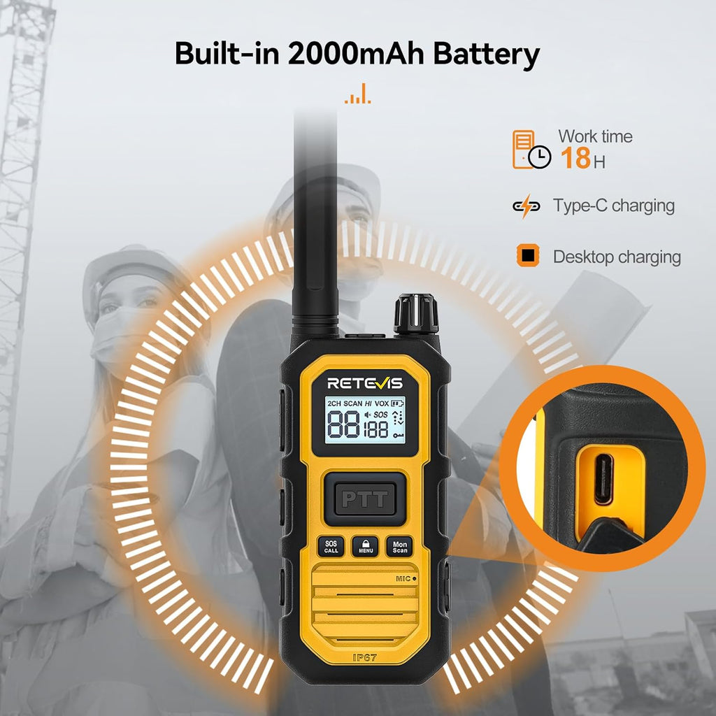Retevis RB48 Plus Radios Walkie Talkies, IP67 Waterproof Two Way Radio Long Range, Heavy Duty 2 Way Radio, GMRS, Group Call, Vibration Alert, Emergency, for Construction Job Site(6 Pack)