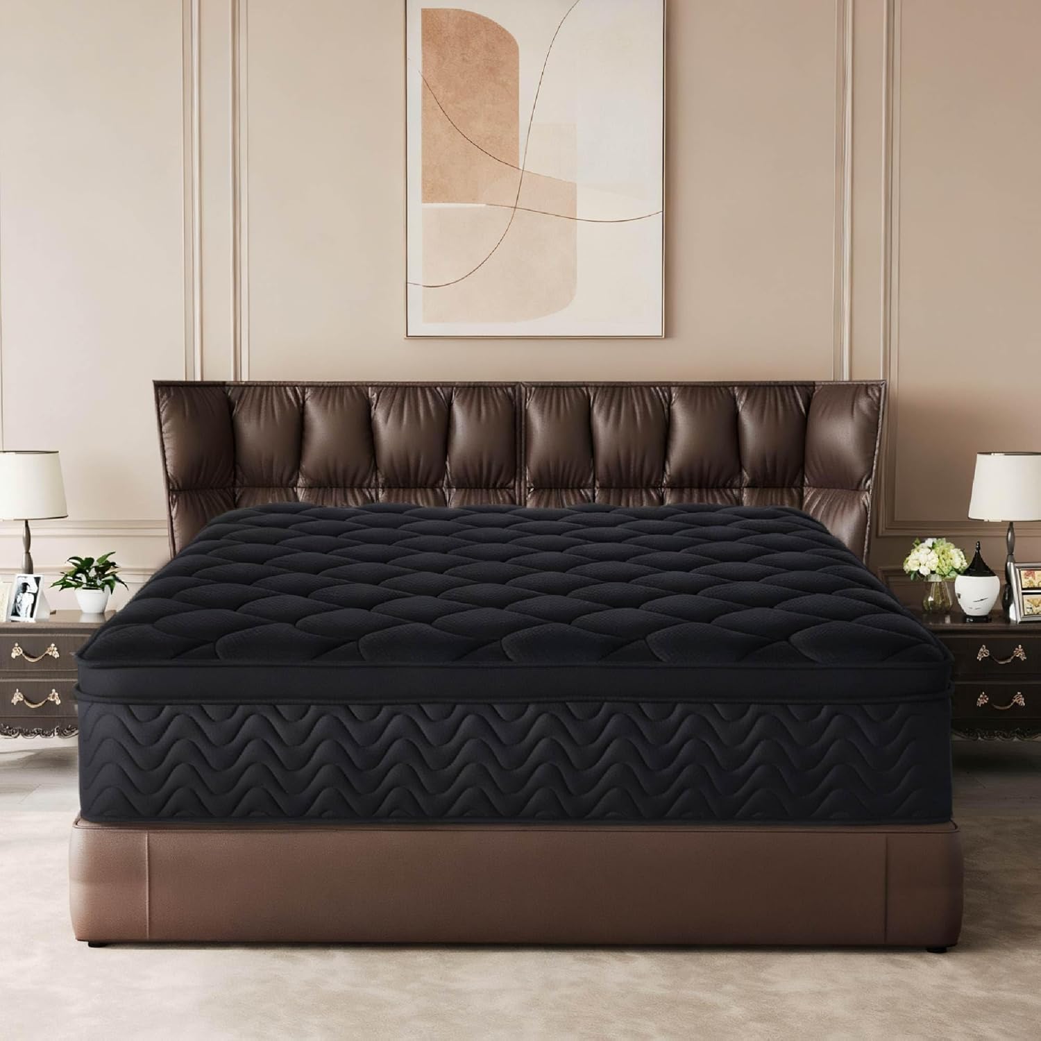 Premium 12 Inch King Mattress - Black Diamond Quilted, Individual Pocket Spring & Memory Foam Top, Cooling & Pressure Relief, Bed in a Box